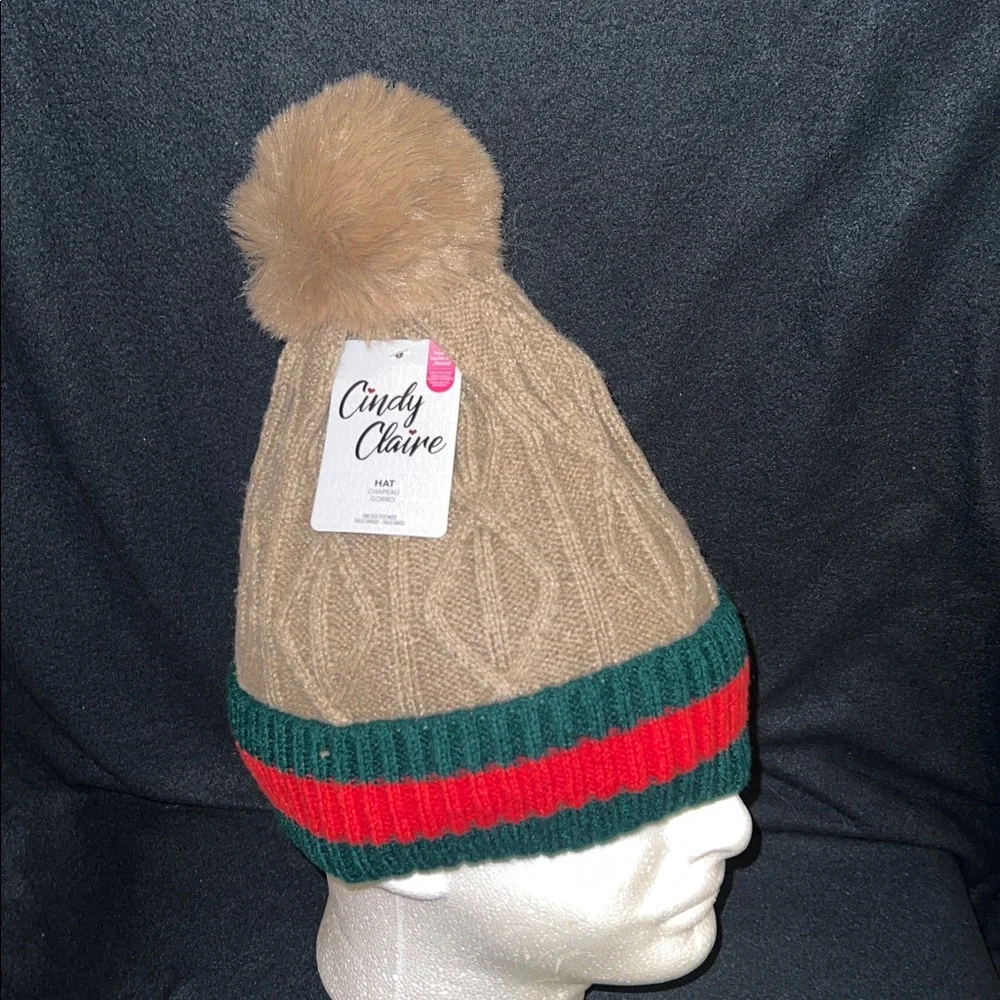 NWT 4pc multicolor Knitted Faux Fur Lined red & green stripe beanie with Pom Pom